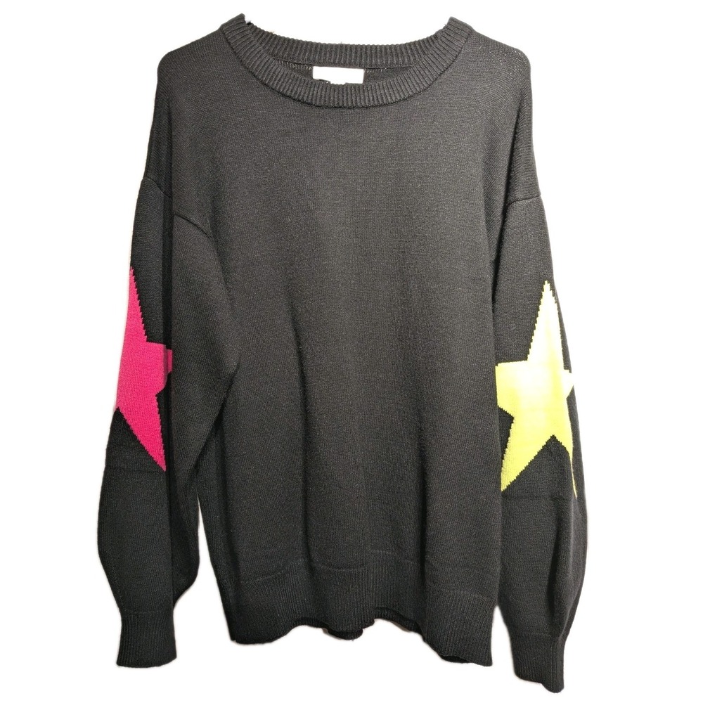 SHE + SKY Sweater Women L Oversize Neon Star Sleeve Crew Neck Knit Pullover NWOT